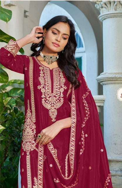 Anaita Maroon Chinon Stitched Plazzo Suit With Codding Dori & Sequence Work