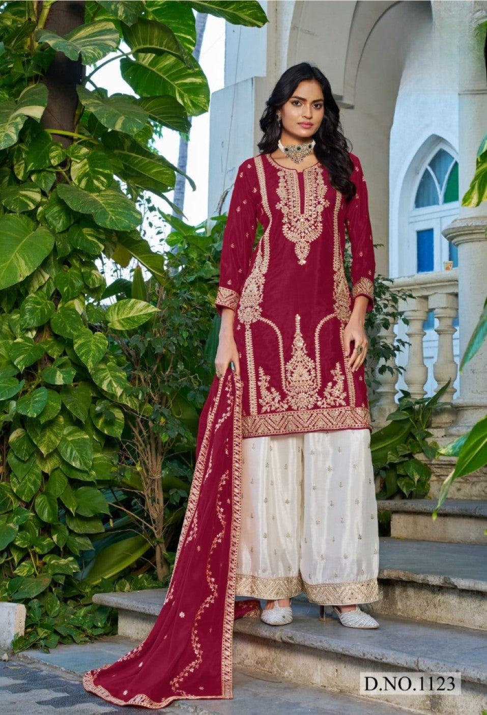 Anaita Maroon Chinon Stitched Plazzo Suit With Codding Dori & Sequence Work