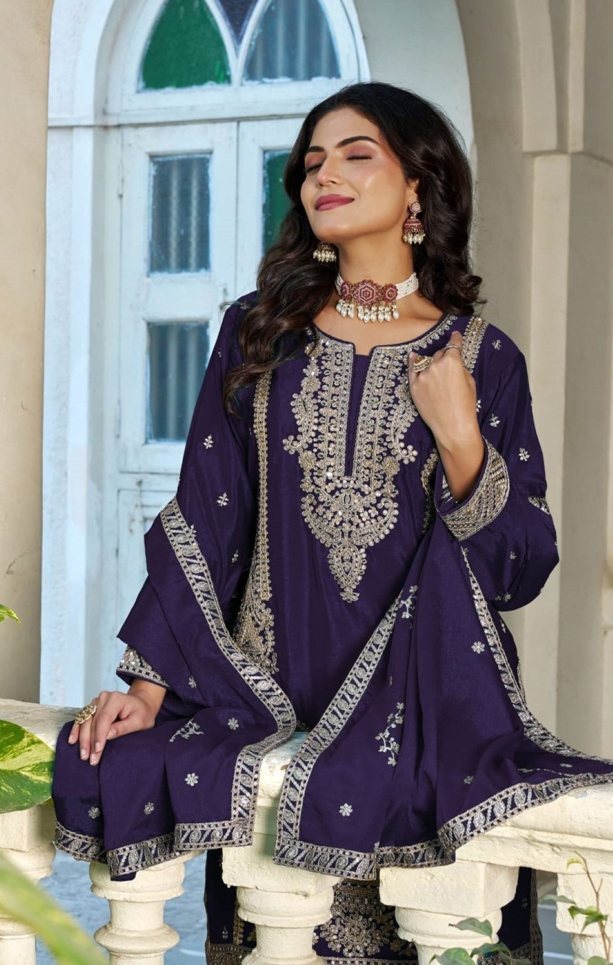Anaita Violet Chinon Stitched Plazzo Suit With Codding Dori & Sequence Work