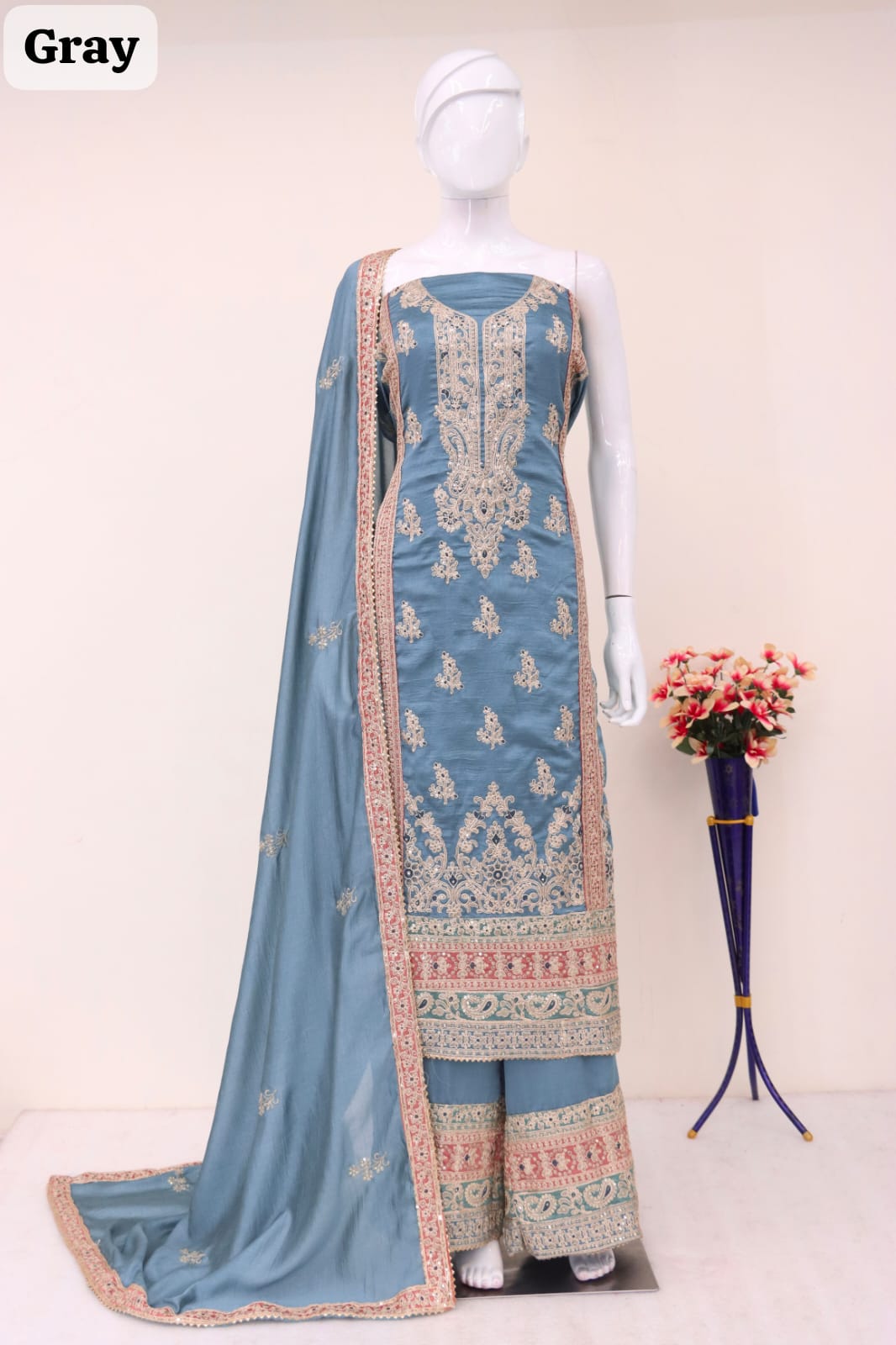 Anaita Grey Embroidered Silk Salwar Suit