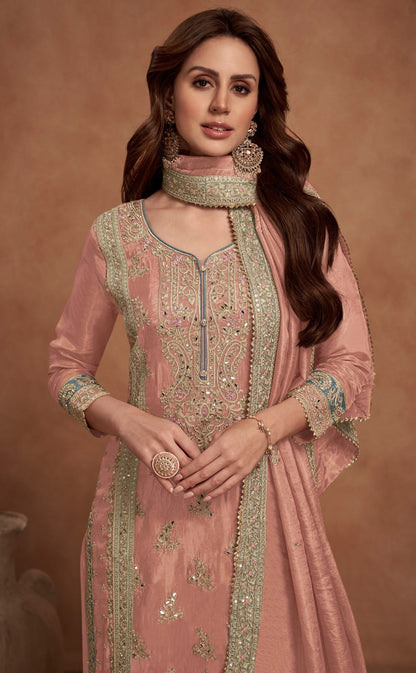 Anaita Peach Embroidered Silk Salwar Suit