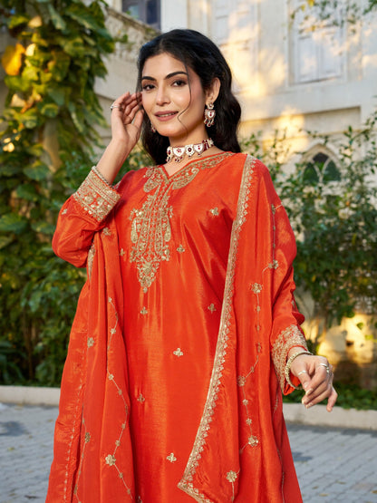 Anaita Orange Chinon Stitched Plazzo Suit With Codding Dori & Sequence Work