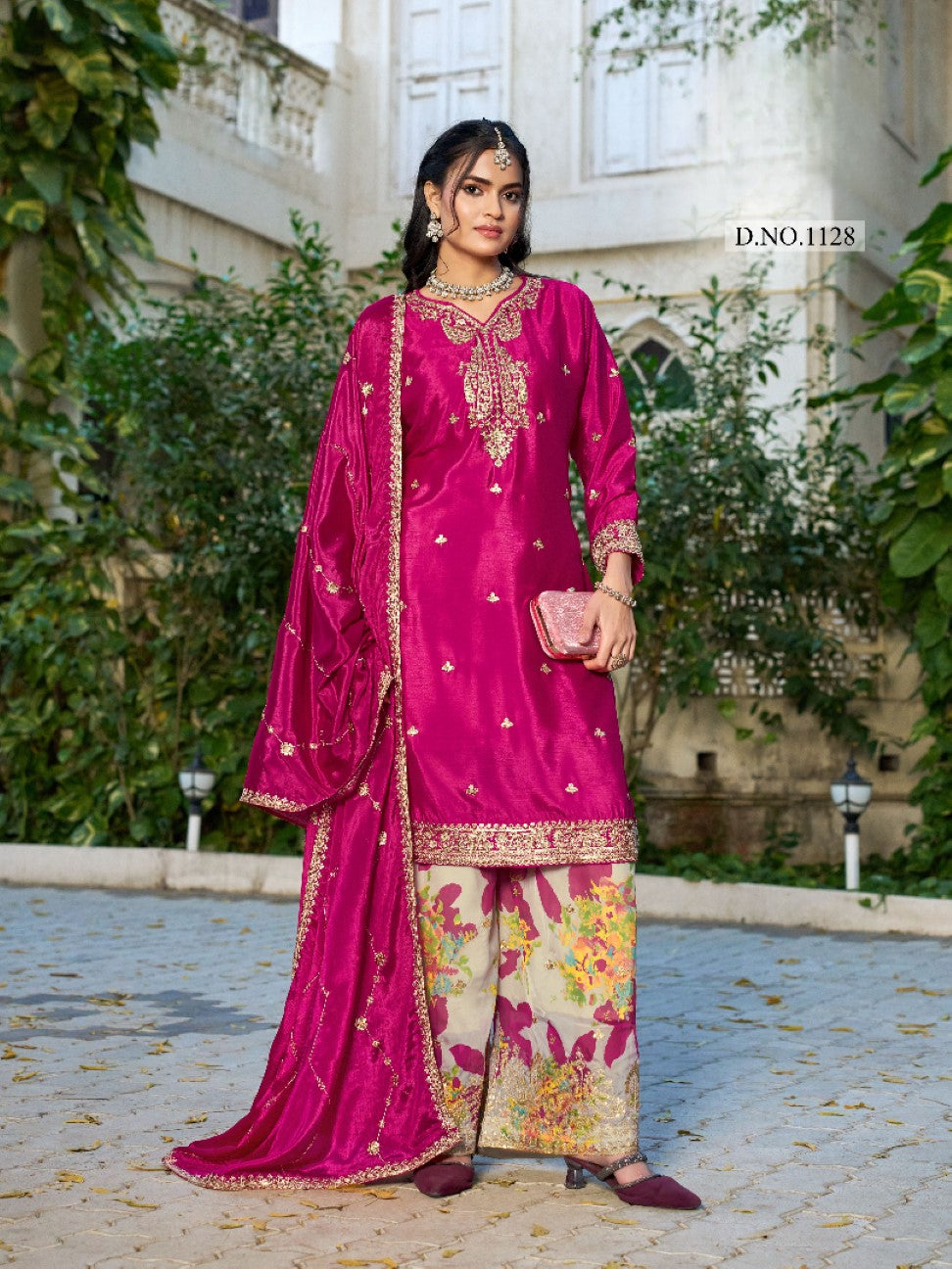 Anaita Hot Pink Chinon Stitched Plazo Suit With Coding Dori & Sequence Work