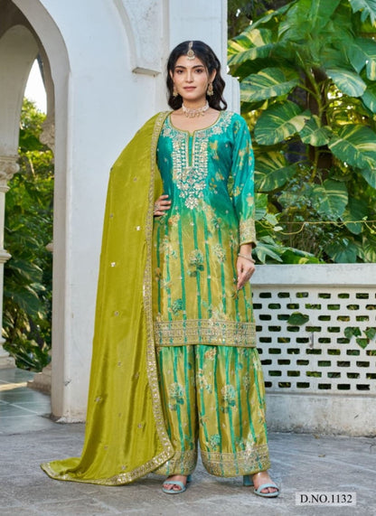 Anaita Sea Green Chinon Stitched Plazzo Suit With Digital Printed & Hand Work