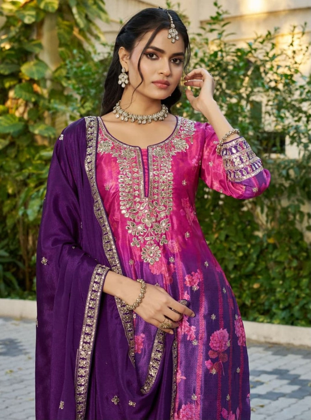 Anaita Purple Chinon Stitched Plazzo Suit With Digital Printed & Hand Work