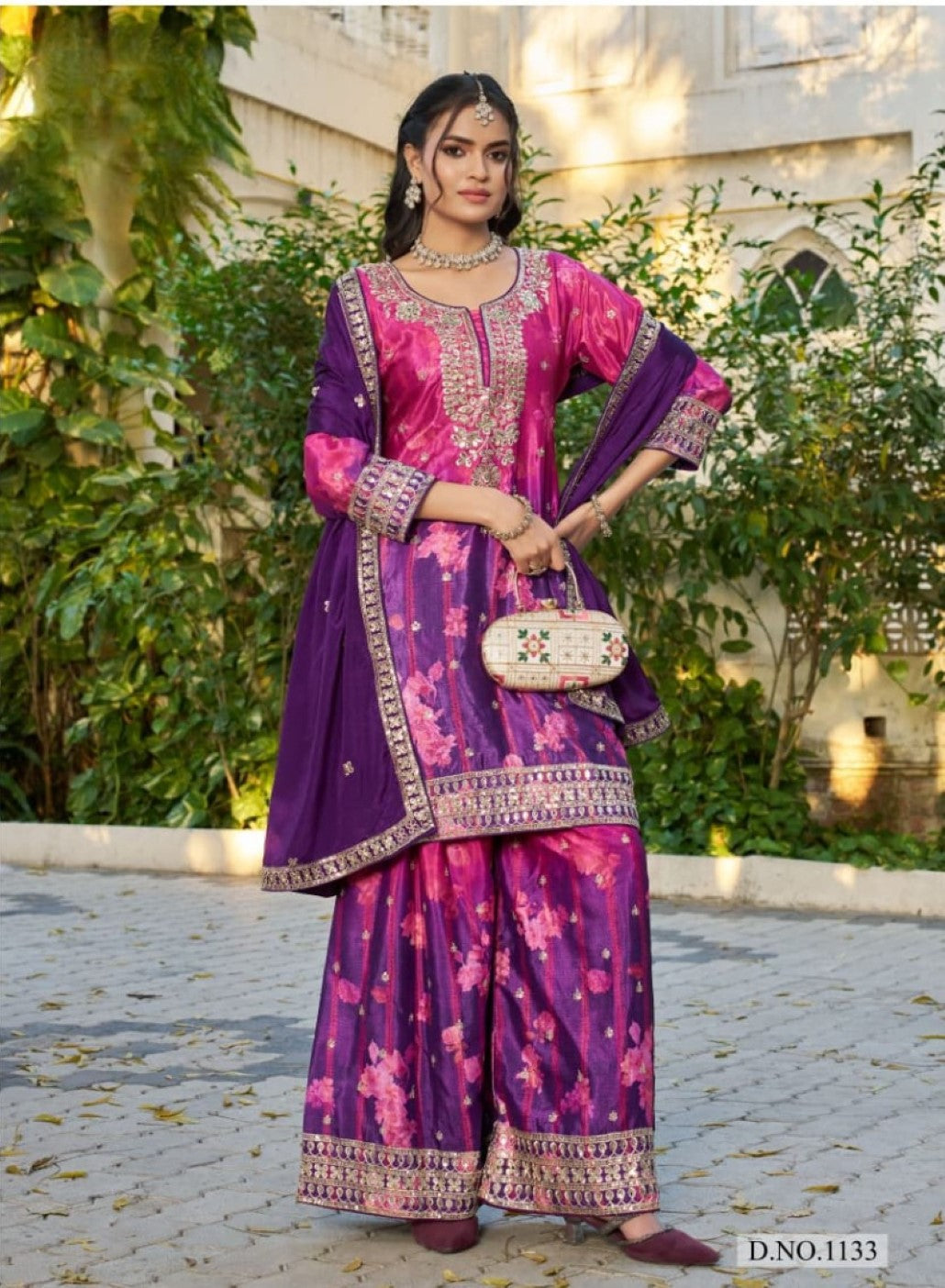 Anaita Purple Chinon Stitched Plazzo Suit With Digital Printed & Hand Work