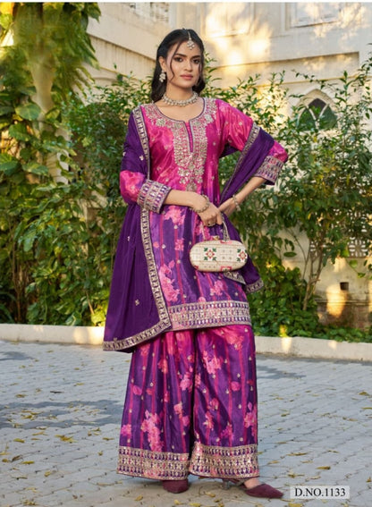 Anaita Purple Chinon Stitched Plazzo Suit With Digital Printed & Hand Work