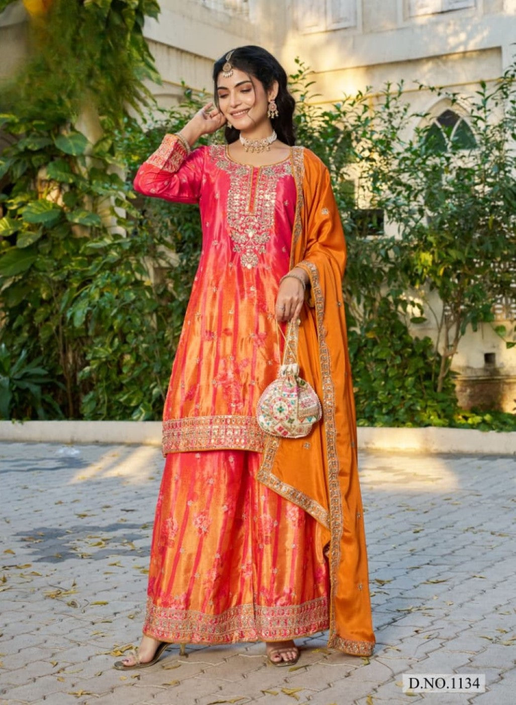 Anaita Orange Chinon Stitched Plazzo Suit With Digital Printed & Hand Work
