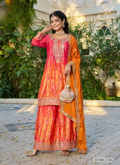 Anaita Orange Chinon Stitched Plazzo Suit With Digital Printed & Hand Work