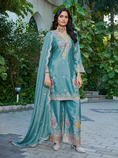 Anaita Sky Blue Chinon Stitched Plazzo Suit With Dhaga & Sequence Work