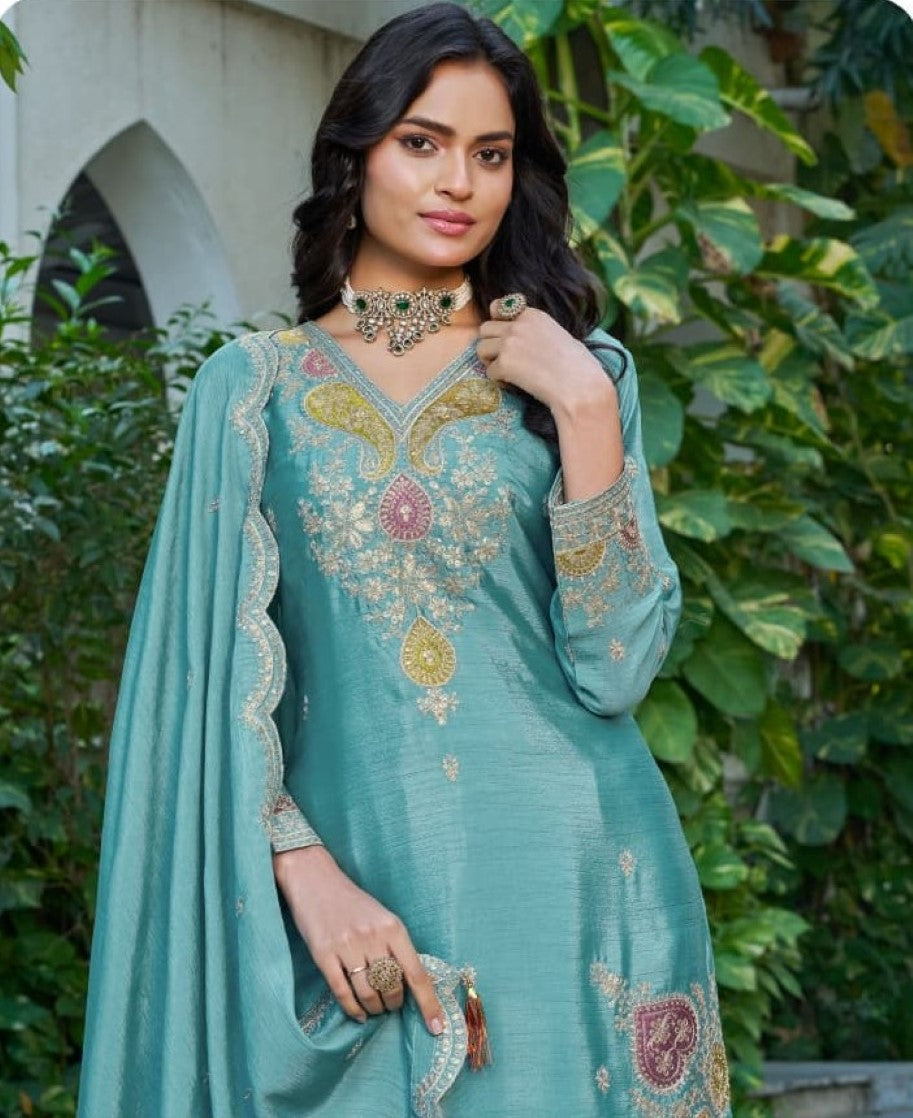 Anaita Sky Blue Chinon Stitched Plazzo Suit With Dhaga & Sequence Work