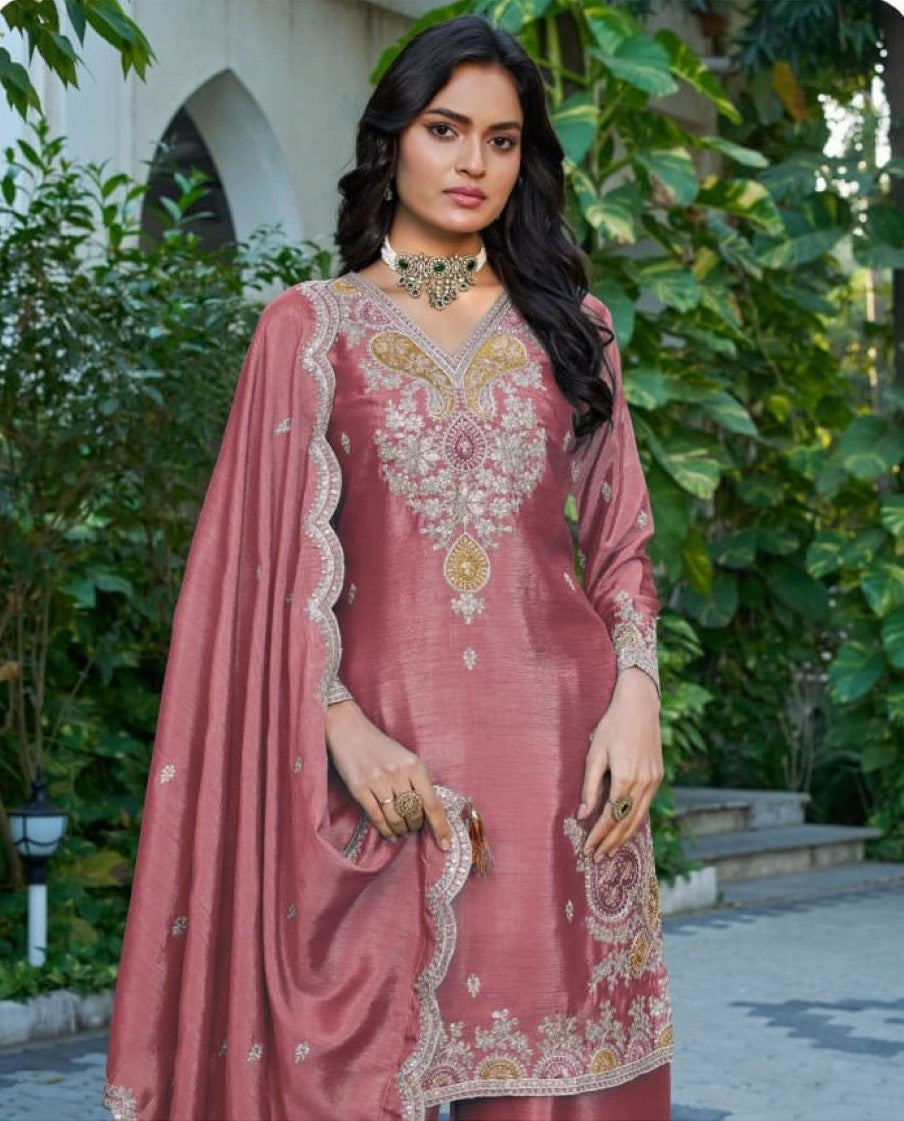 Anaita Peach Chinon Stitched Plazzo Suit With Dhaga & Sequence Work