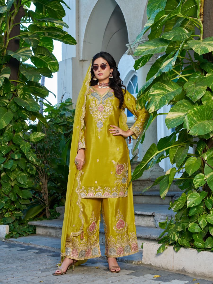 Anaita Mustard Chinon Stitched Plazzo Suit With Dhaga & Sequence Work