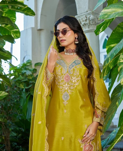 Anaita Mustard Chinon Stitched Plazzo Suit With Dhaga & Sequence Work