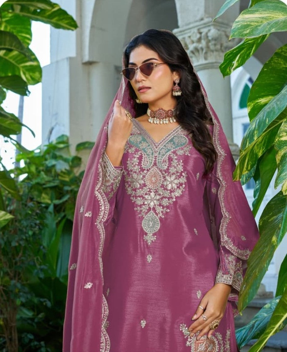 Anaita Magenta Chinon Stitched Plazzo Suit With Dhaga & Sequence Work