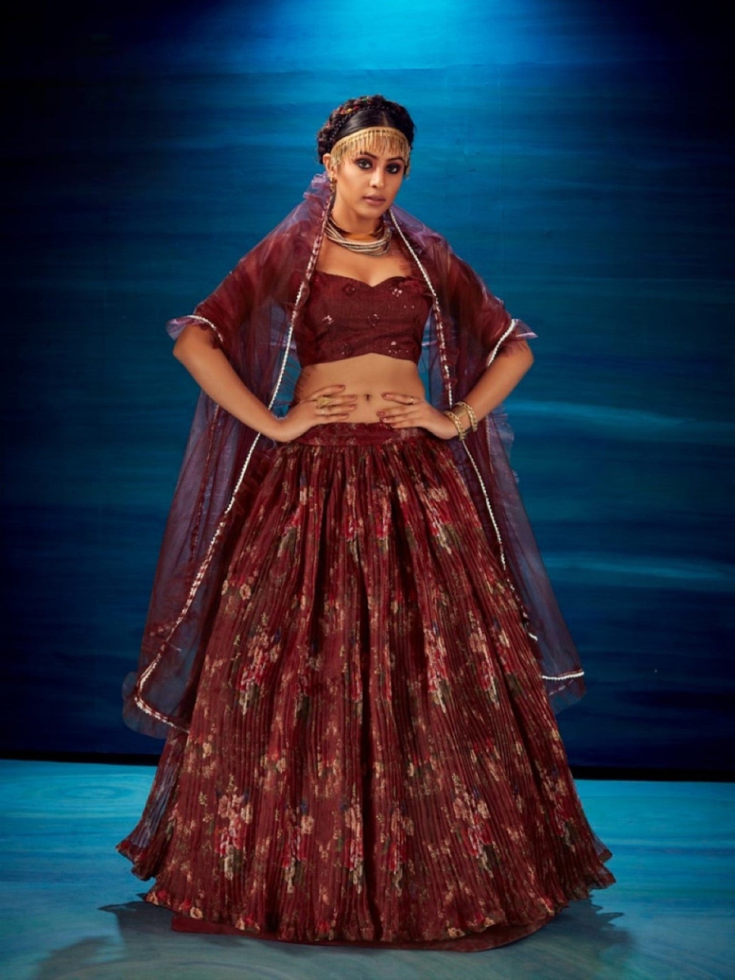 Anaita Maroon Organza Lehenga Choli With Sequence & Thread Work