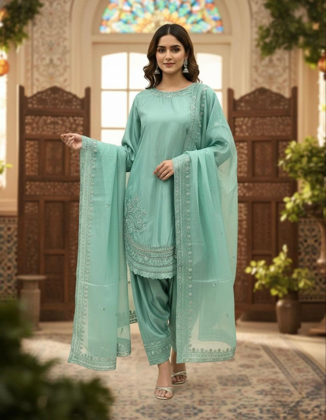 Anaita Sky Blue Crepe Readymade Suit with Embroidery & Sequence Work