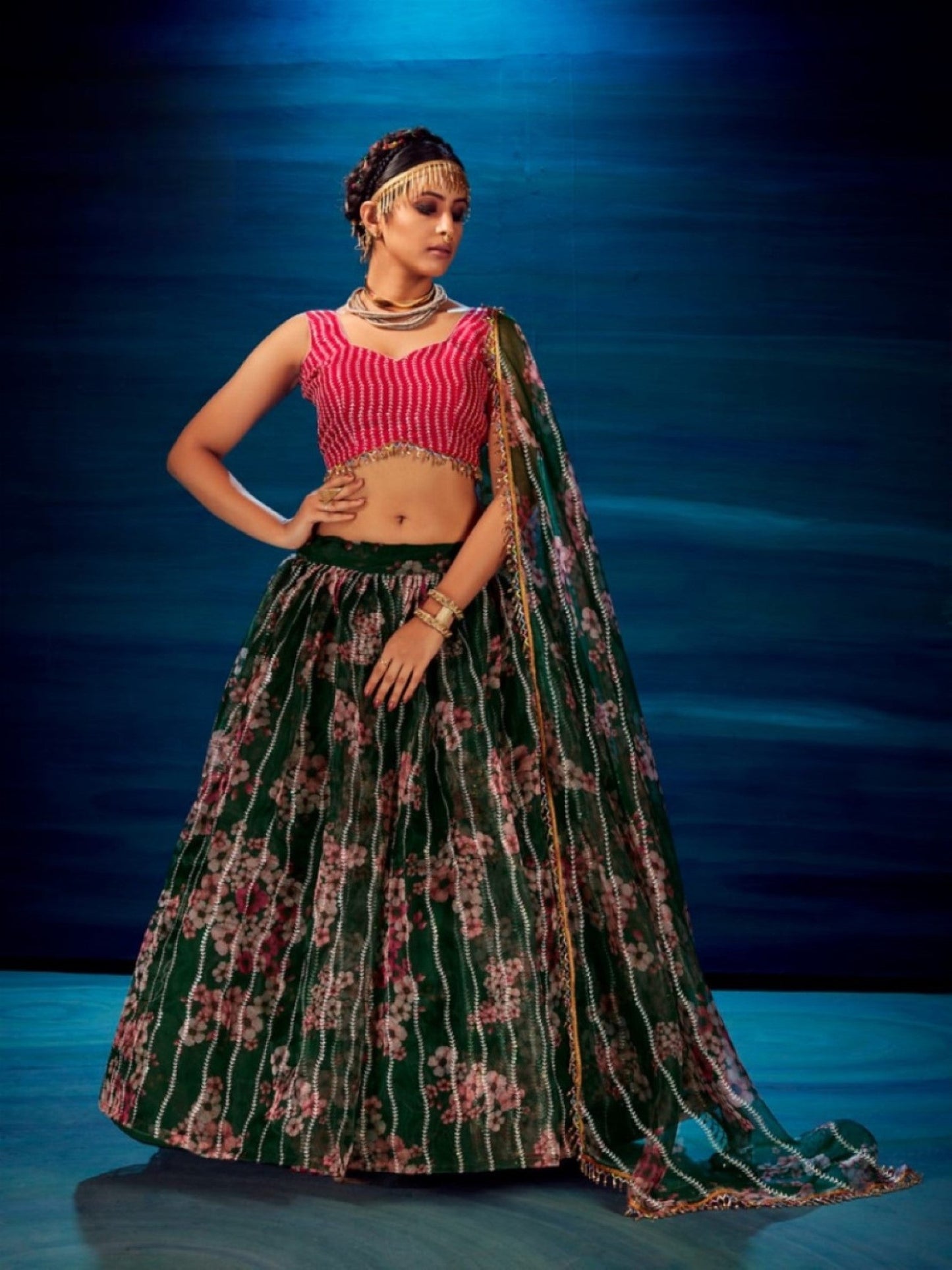 Anaita Dark-Green Organza Lehenga Choli With Sequence & Thread Work