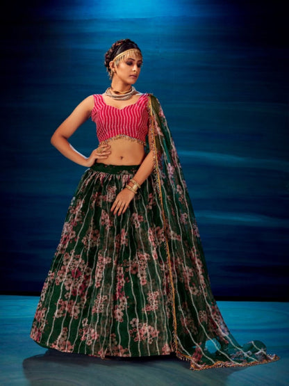 Anaita Dark-Green Organza Lehenga Choli With Sequence & Thread Work