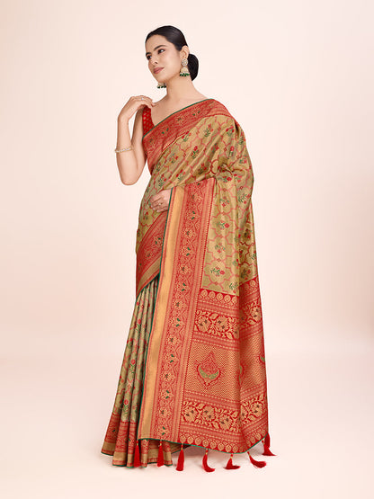 Monjolika Fashion Exquisite Designs With This Regal Red Rich Look Banarasi Tissue Silk Saree