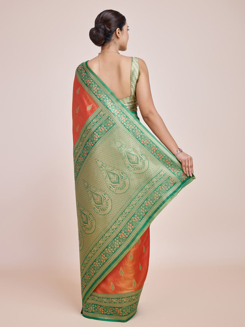 Monjolika Fashion Glamour And Tradition With This Zari Woven Banarasi Tissue Silk Orange Saree