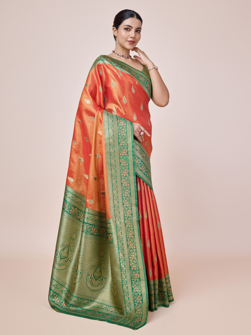 Monjolika Fashion Glamour And Tradition With This Zari Woven Banarasi Tissue Silk Orange Saree