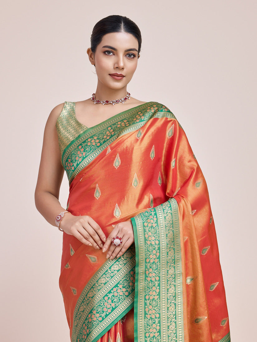Monjolika Fashion Glamour And Tradition With This Zari Woven Banarasi Tissue Silk Orange Saree