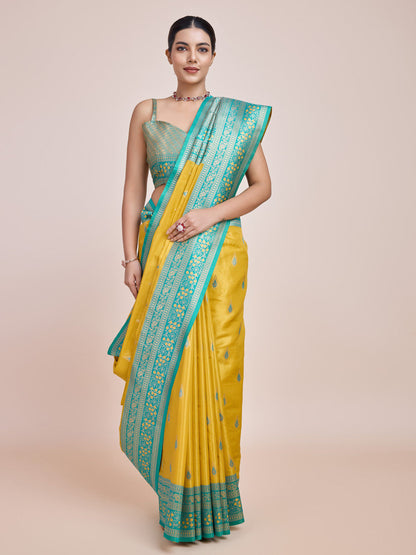 Monjolika Fashion Glamour And Tradition With This Zari Woven Banarasi Tissue Silk Yellow Saree