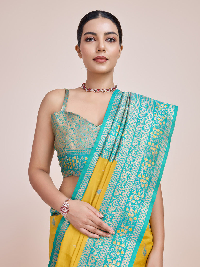 Monjolika Fashion Glamour And Tradition With This Zari Woven Banarasi Tissue Silk Yellow Saree