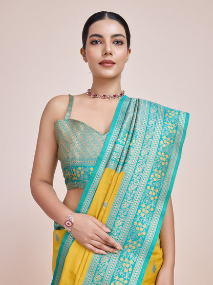 Monjolika Fashion Glamour And Tradition With This Zari Woven Banarasi Tissue Silk Yellow Saree