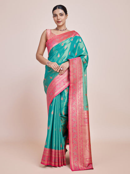 Monjolika Fashion Glamour And Tradition With This Zari Woven Banarasi Tissue Silk Turquoise Saree