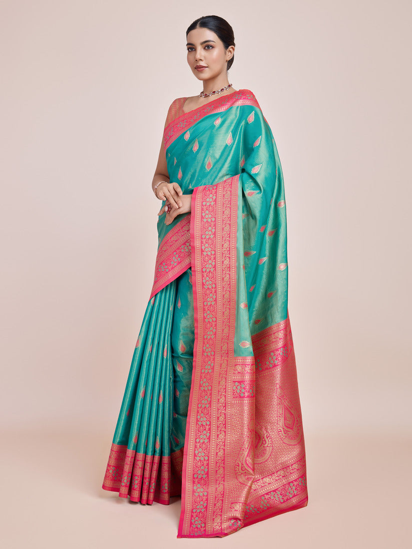 Monjolika Fashion Glamour And Tradition With This Zari Woven Banarasi Tissue Silk Turquoise Saree