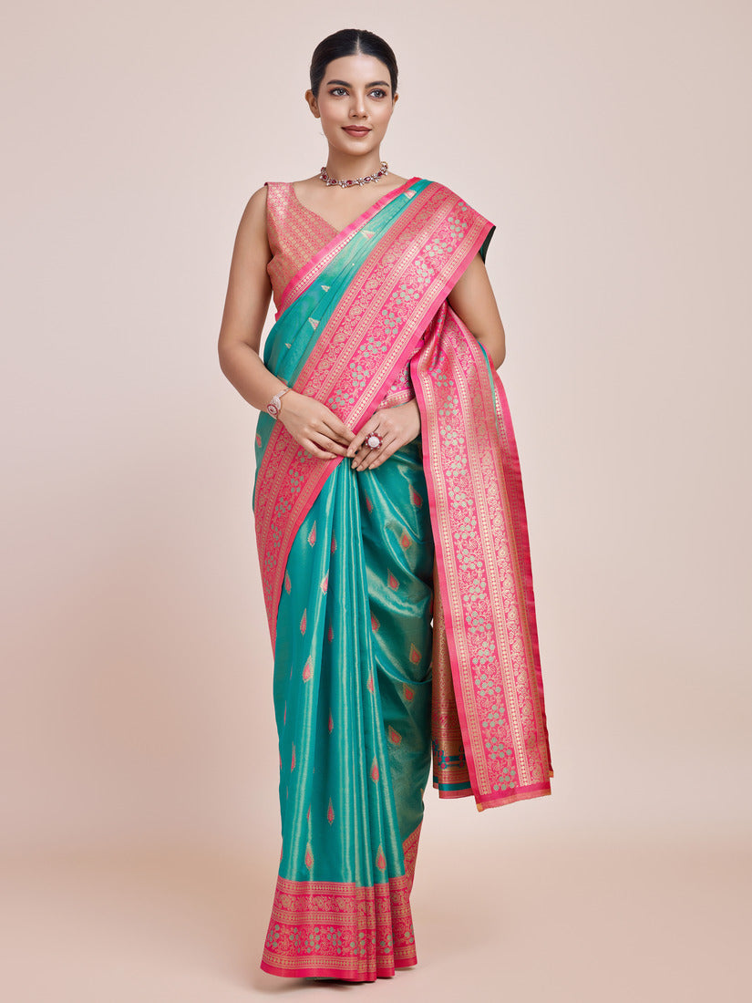 Monjolika Fashion Glamour And Tradition With This Zari Woven Banarasi Tissue Silk Turquoise Saree
