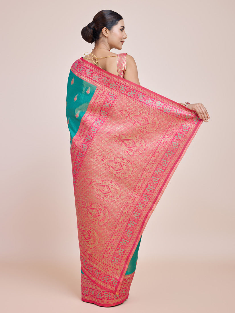 Monjolika Fashion Glamour And Tradition With This Zari Woven Banarasi Tissue Silk Turquoise Saree