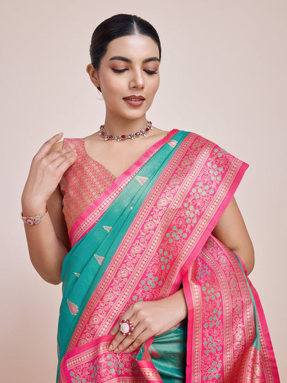 Monjolika Fashion Glamour And Tradition With This Zari Woven Banarasi Tissue Silk Turquoise Saree