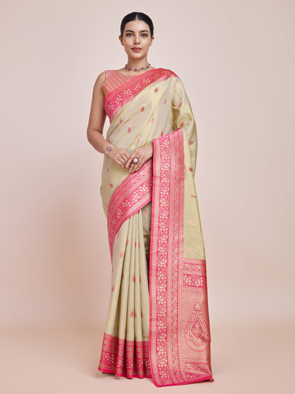 Monjolika Fashion Glamour And Tradition With This Zari Woven Banarasi Tissue Silk Cream Saree
