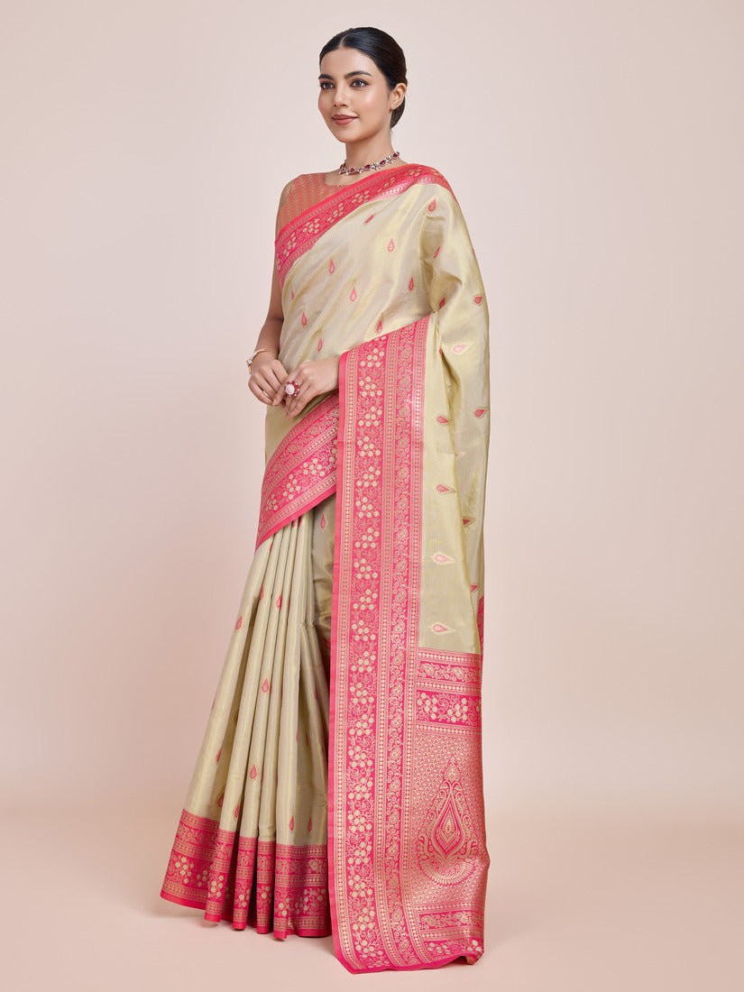 Monjolika Fashion Glamour And Tradition With This Zari Woven Banarasi Tissue Silk Cream Saree