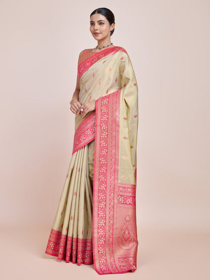 Monjolika Fashion Glamour And Tradition With This Zari Woven Banarasi Tissue Silk Cream Saree