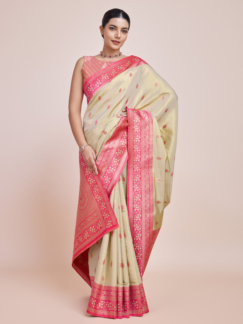 Monjolika Fashion Glamour And Tradition With This Zari Woven Banarasi Tissue Silk Cream Saree