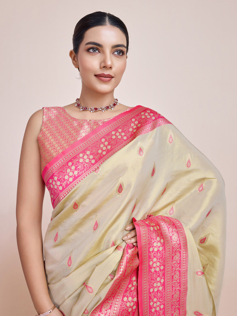 Monjolika Fashion Glamour And Tradition With This Zari Woven Banarasi Tissue Silk Cream Saree