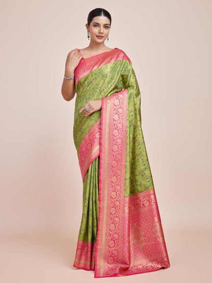 Monjolika Fashion Parrot Green Banarasi Tissue Silk SareeWith Zari Woven Work