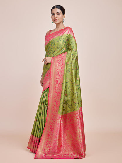 Monjolika Fashion Parrot Green Banarasi Tissue Silk SareeWith Zari Woven Work