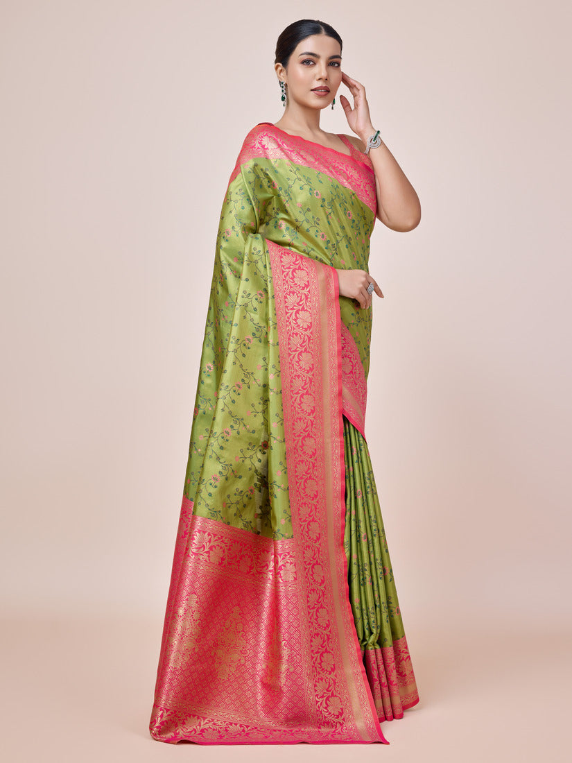 Monjolika Fashion Parrot Green Banarasi Tissue Silk SareeWith Zari Woven Work