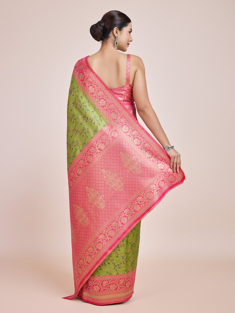 Monjolika Fashion Parrot Green Banarasi Tissue Silk SareeWith Zari Woven Work
