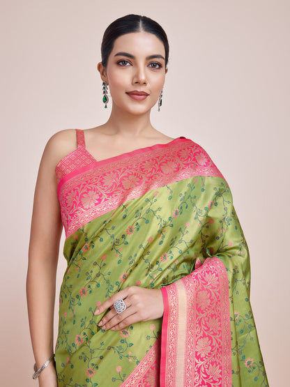 Monjolika Fashion Parrot Green Banarasi Tissue Silk SareeWith Zari Woven Work