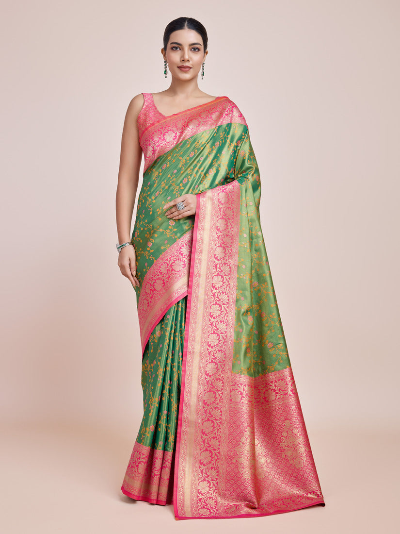 Monjolika Fashion Green Banarasi Tissue Silk SareeWith Zari Woven Work