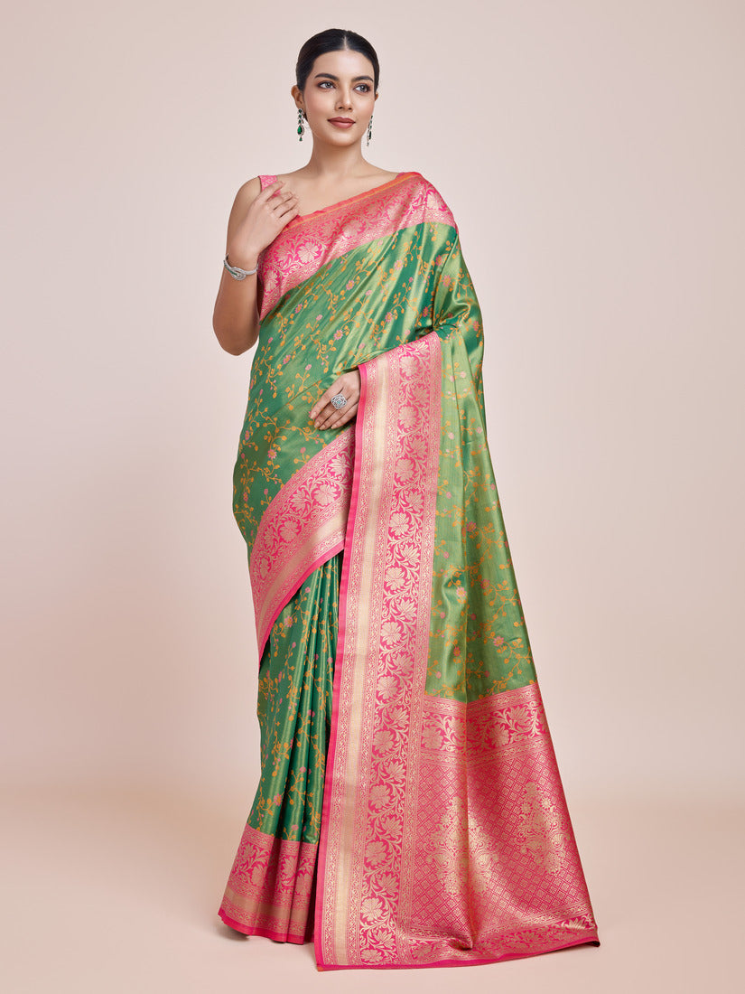 Monjolika Fashion Green Banarasi Tissue Silk SareeWith Zari Woven Work