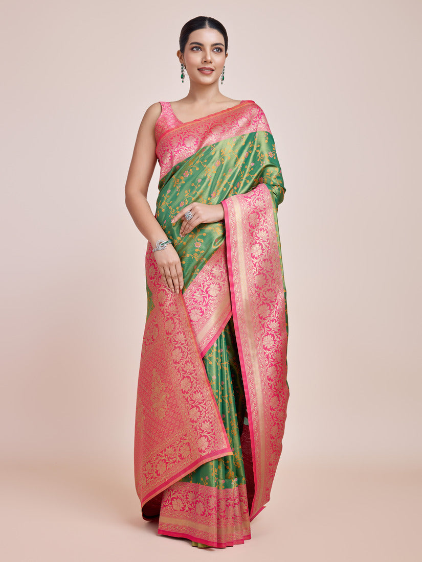 Monjolika Fashion Green Banarasi Tissue Silk SareeWith Zari Woven Work