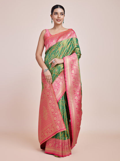 Monjolika Fashion Green Banarasi Tissue Silk SareeWith Zari Woven Work