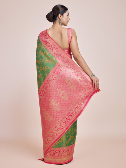 Monjolika Fashion Green Banarasi Tissue Silk SareeWith Zari Woven Work